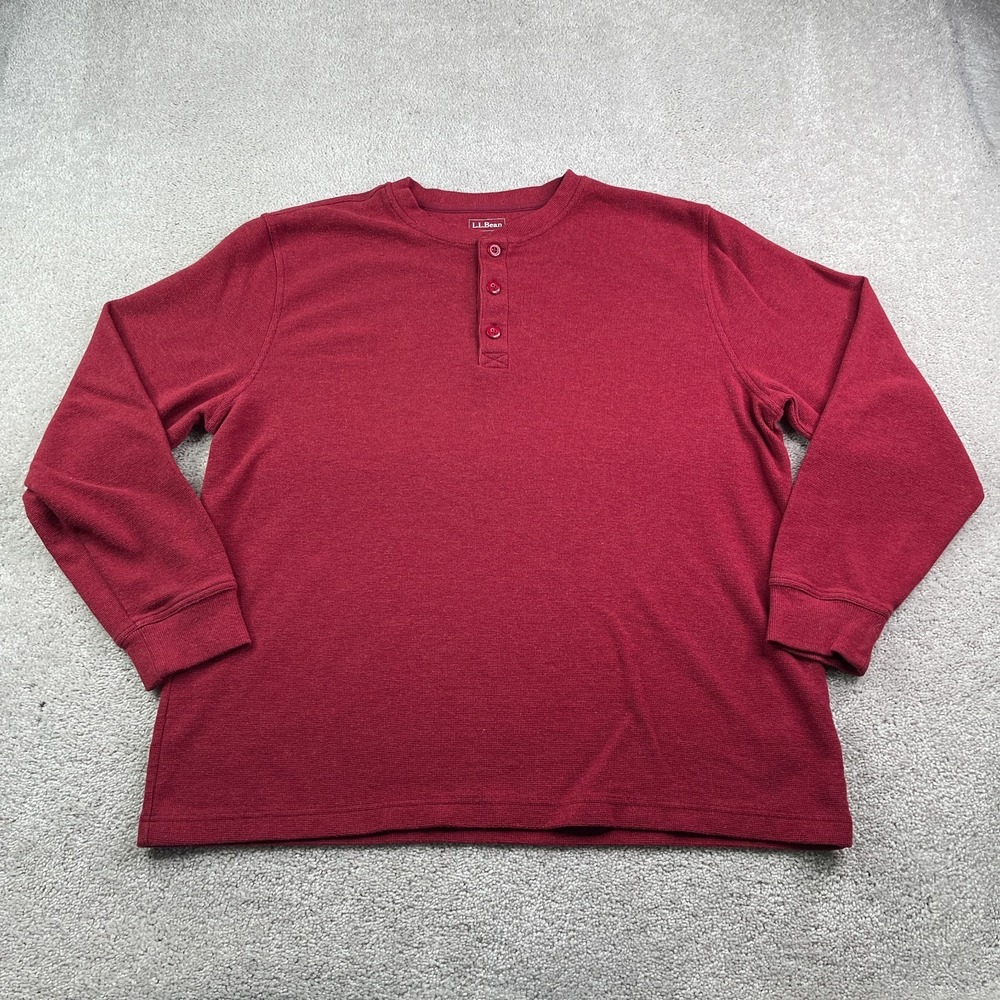 LL Bean Shirt Mens XL Red Unshrinkable Mini Waffle Henley Traditional Fit